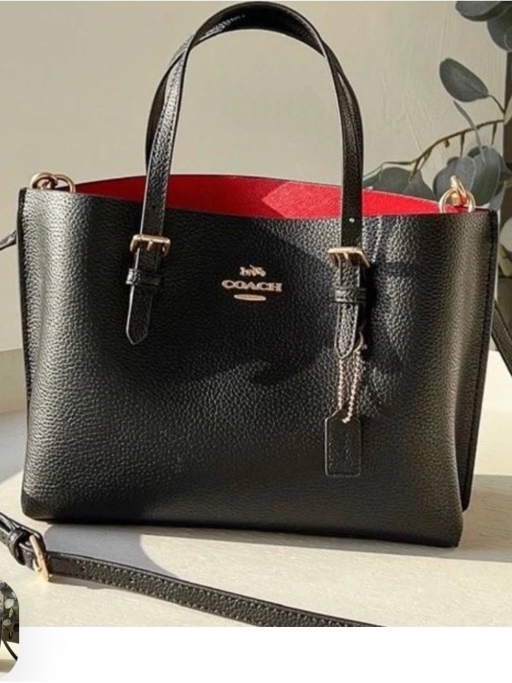 COACH Black Pebbled Leather Tote with Red Interior